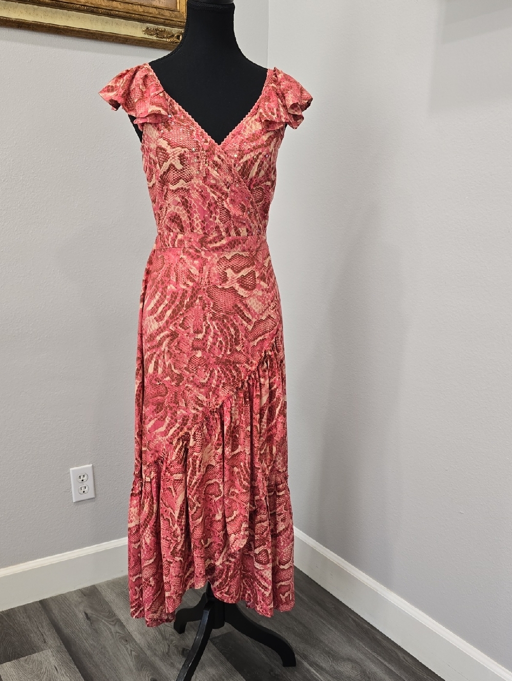 NWT Z&L Floral Pink High-Low Wrap Maxi Dress Ruffle Shoulder S